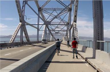 Photo illustration of planned new bike lane and movable barrier across the 5.5-mile Richmond San Rafael Bridge.
